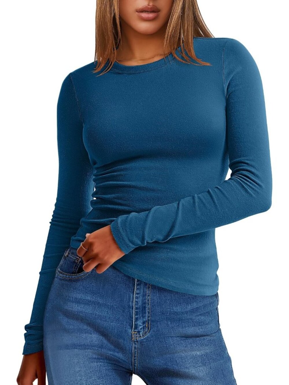 Women's Deep Lake Blue Crew Neck Long Sleeve Slim Fitted Imported Tops Tee Shirt